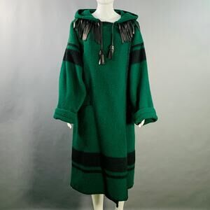 JEAN CHARLES DE CASTELBAJAC Size 2 Green Black Wool Leather Fringe Hooded Coat